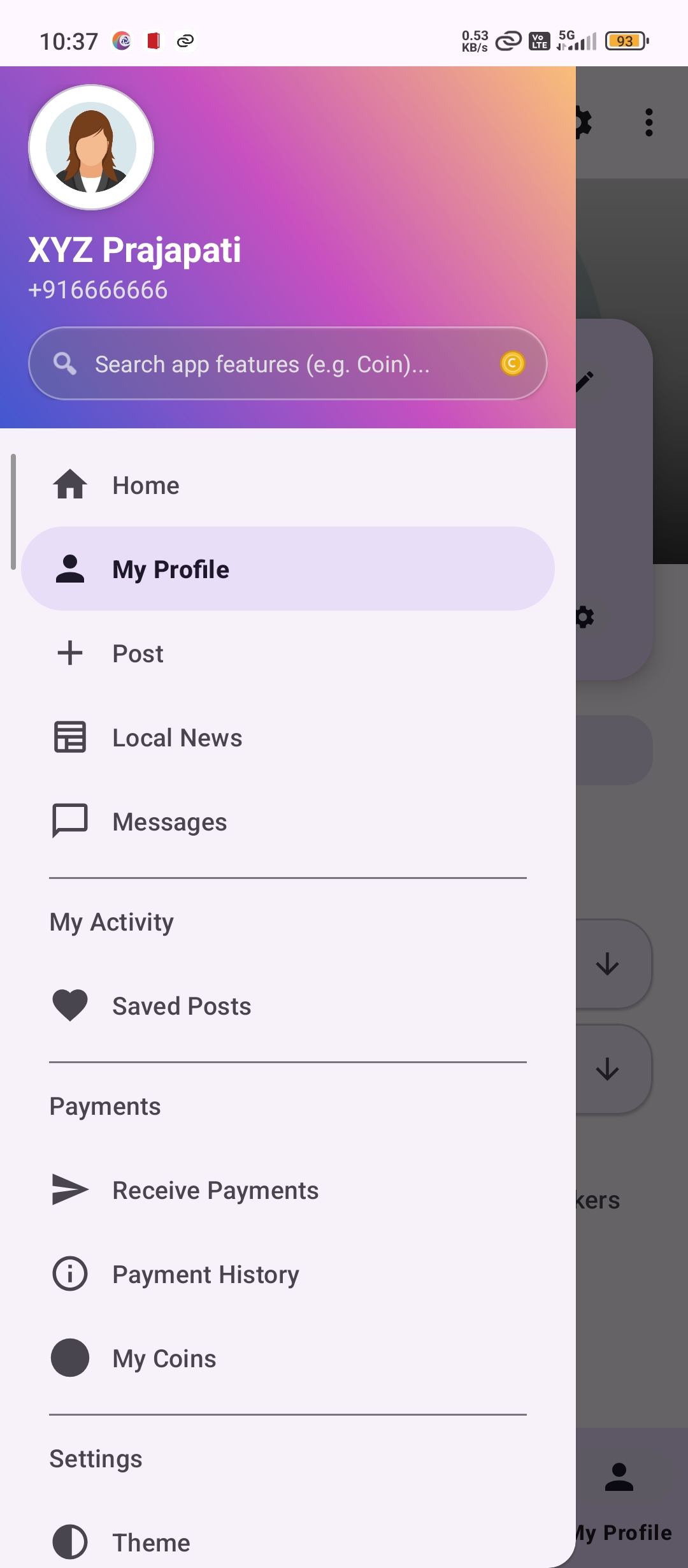 LocalWork Side Drawer Menu Screen
