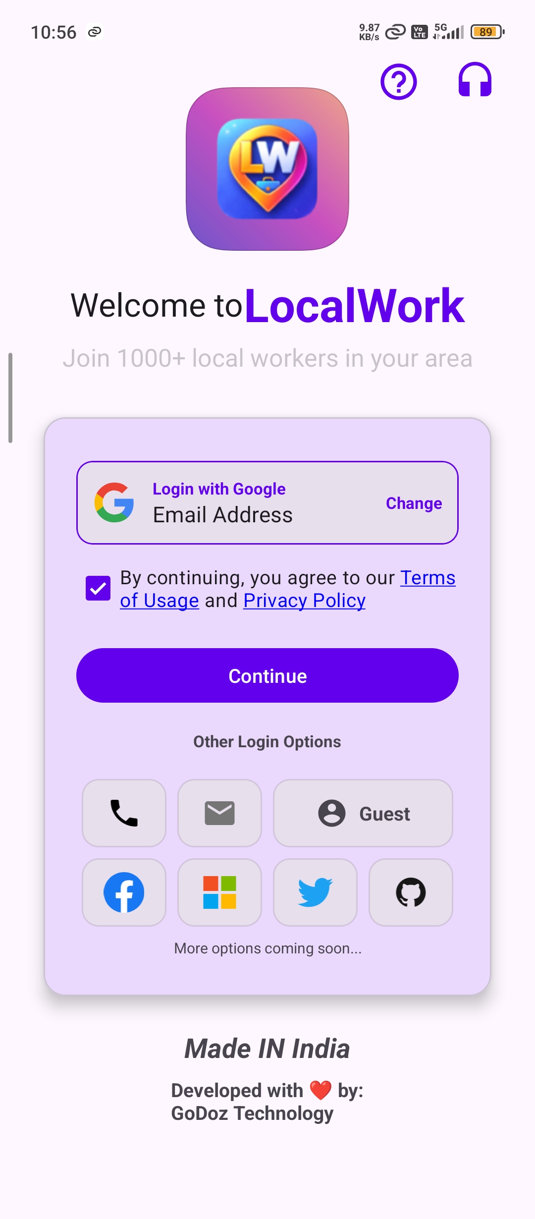 LocalWork Login Screen