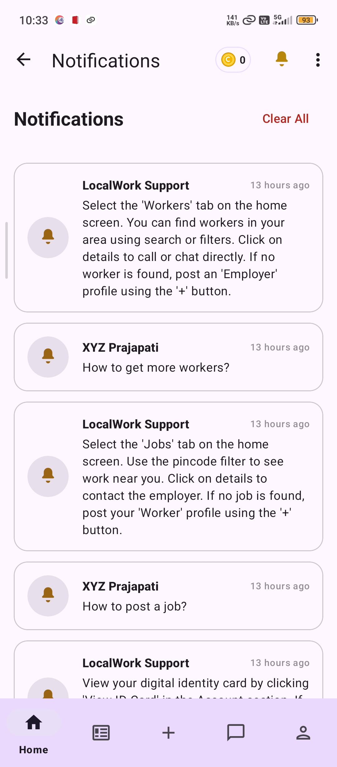 LocalWork Notifications Screen