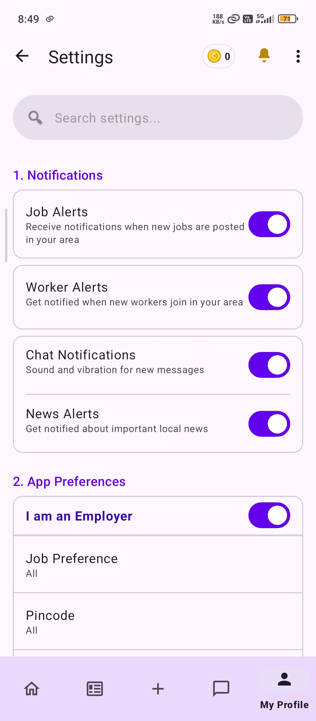LocalWork Settings Screen